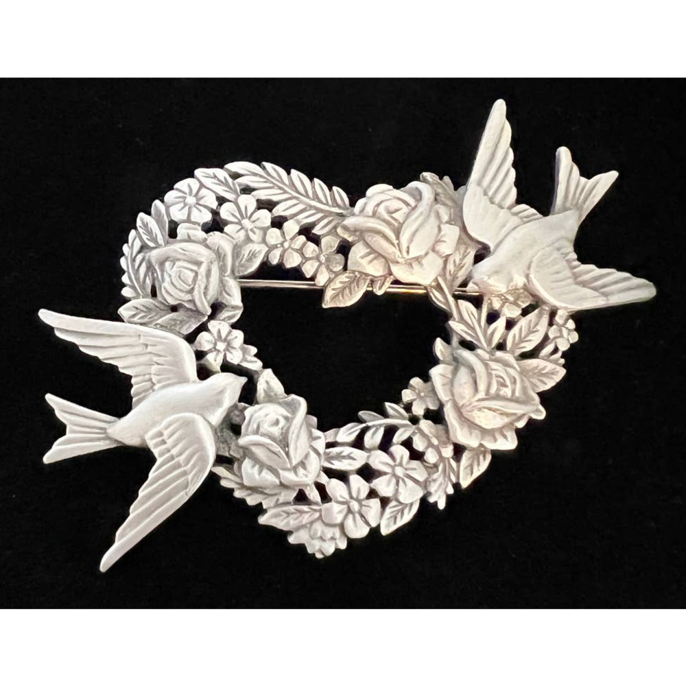 VTG "JJ" Jonette Jewelry Company Brooch Heart Wreath Flowers Birds Silver Tone